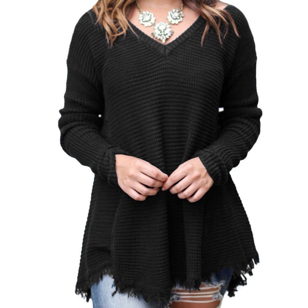 Black V-Neck Waffle Knit Sweater